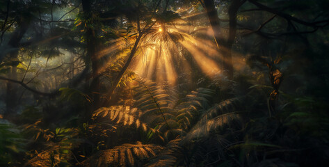 the essence of a jungle sunrise with golden hues spreading through the canopy, casting long shadows and awakening the forest realistic High-resolution photography