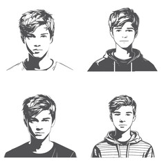 A Set of Conceptual Ink Drawing Illustration of Teenage Boy Face Art Portraits