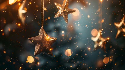 Fototapeta na wymiar A sparkling golden star Christmas ornament hangs against a dark blue, bokeh light-filled backdrop.