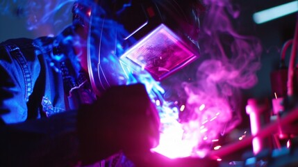 Welder performing precision metalwork, emitting vibrant blue and purple sparks under protective gear.