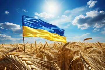 Blue and yellow flag flying over wheat field. Generative AI