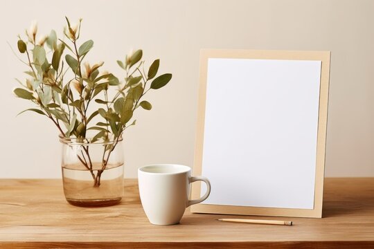 Cup of coffee and picture frame on table. Generative AI © Uliana