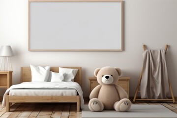Teddy bear sitting on bed in bedroom. Generative AI