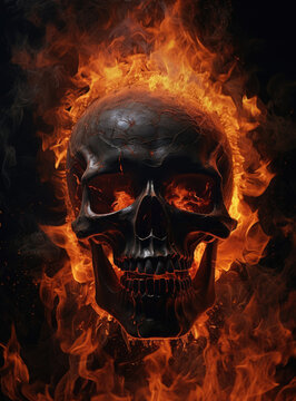 Skull Engulfed in Flames on Black Background