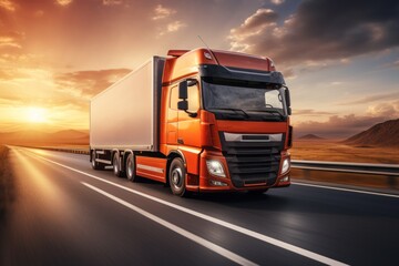 Semi Truck Driving Down Highway at Sunset. Generative AI - obrazy, fototapety, plakaty