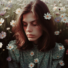 Naklejka premium A beautiful girl, her European features softly veiled by the fog, stands amidst a garden of wildflowers. The image, steeped in romance and mystery, captures an ethereal moment in time.