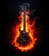 Guitar Engulfed in Flames on Black Background
