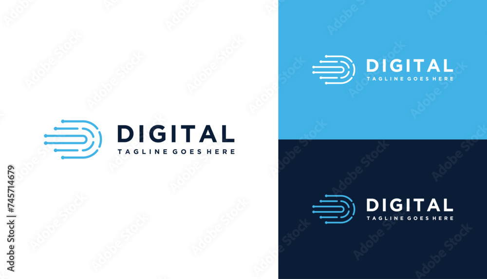 Poster modern initial letter d with digital wire line dots for digital connection network logo design