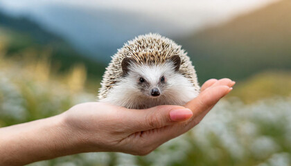 A cute hedgehog sitting in a hand, on a palm