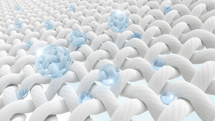 Water Bubble flow through the fabric fiber, White Cloth or woven textile Fiber, 3d illustration.