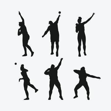Vector set silhouettes of shot put thrower, athletes. sports, athletics, competition theme. Isolated on white background.