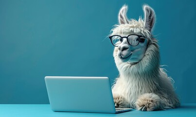 A llama attending a virtual meeting on a laptop, looking utterly confused