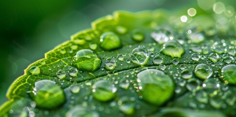 Fototapeta premium Close-up macro perspective of a green leaf with large, beautiful drops of transparent rainwater