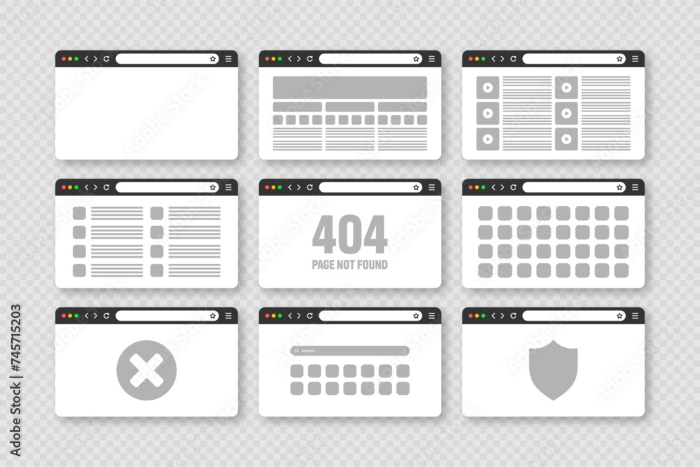 Poster web browser window, pages layout with toolbar and search field. modern website, internet page in fla