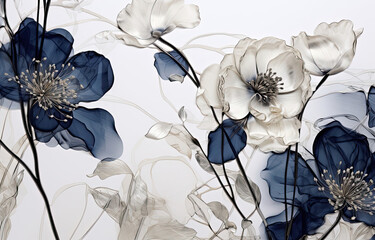 Blue and White Flowers Painting on White Background