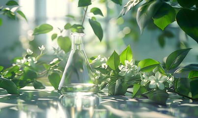 A clear glass beaker and a conical flask surrounding vibrant green leaves  - obrazy, fototapety, plakaty