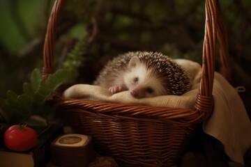 Cute domestic hedgehog lies comfortably on a bedding in a wicker basket - obrazy, fototapety, plakaty