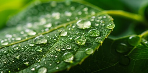 A macro shot showcasing a green leaf adorned with large, beautiful drops of transparent rainwater