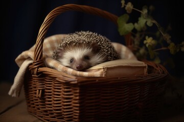 A hedgehog lies in a wicker basket on a checkered pillow - obrazy, fototapety, plakaty