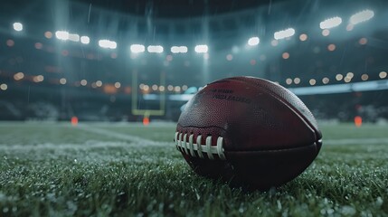 American Football Kickoff Game Start. Close-up Shot of an American Ball Standing on a Stadium Field Held by Professional Player. Preparation for Championship Game