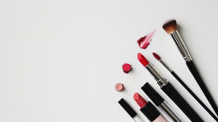 Top view of set of women's makeup cosmetics on white background. Women's Cosmetics and Accessories