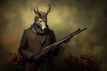 Tuinposter Anthropomorphic male roe deer in vintage clothes with a gun. Illegal hunting concept. Poaching © Ari