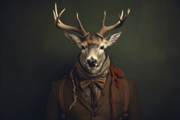 An anthropomorphic male roe deer in vintage human clothing