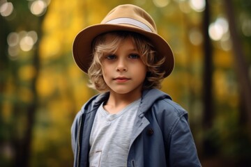 Portrait of a cute little boy in a hat on a background of autumn forest.