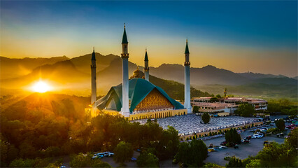 Beautiful Faisal Mosque, Ramazan Mubarak, Islam concept, Religion, worship, a holy place for Muslims, Minarets, Pillars of Islam.