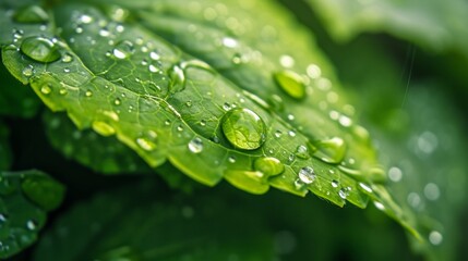 Transparent rainwater drops beautifully enhance a green leaf in macro perspective