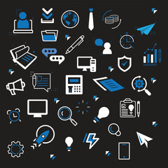 multi channel marketing vector illustration. Concept with connected icons related to marketing and advertising: content marketing, SEO, online marketing, social media marketing, branding.