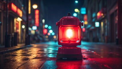warning lam in the street at night Red alert - obrazy, fototapety, plakaty