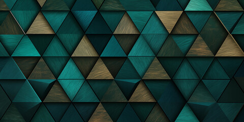 A detailed view of a green tiled wall, dark green mosaic tile wallpaper with triangular and geometric fluted triangles