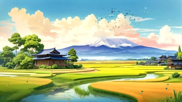 Tranquil Summer Serenity: Japanese House Amidst Lush Rice Fields and Blooming Flower. Seamless looping 4k time-lapse virtual video Animation background