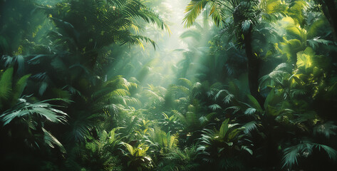 the lush greenery and exotic flora of a tropical jungle, with vibrant leaves, hanging vines, and shafts of sunlight filtering through the canopy realistic High-resolution photograph clean sharp focus - obrazy, fototapety, plakaty