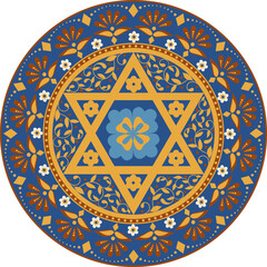 Bohemian retro style mandala with floral motifs and six pointed star