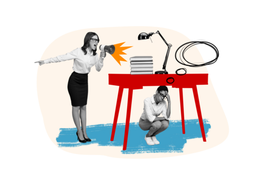 Exclusive magazine picture sketch collage image of furious lady screaming scaring worker isolated painting background