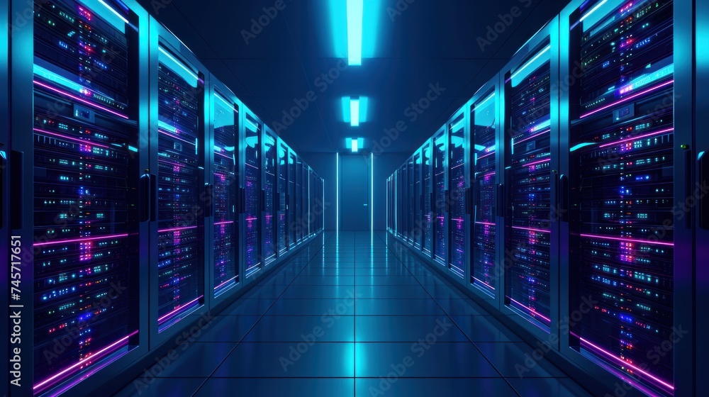 Poster abstract data center network system. server racks in server room data center .computer network secur