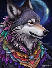 A regal wolf with a kaleidoscope of colors, illuminated against a dark night sky