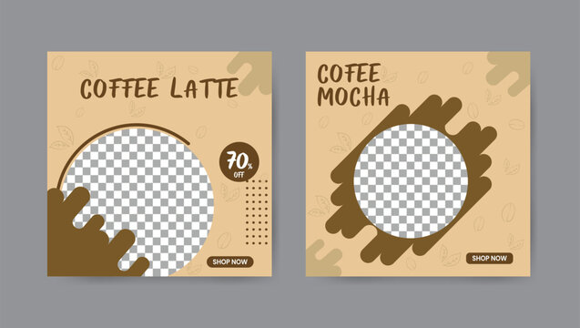 Collection of coffee shop social media post templates. Square banner design background.