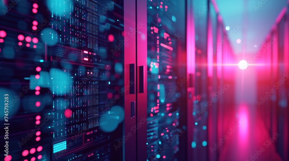 Poster abstract data center network system. server racks in server room data center .computer network secur
