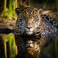 Obraz premium Jaguars | More Than Just Land Dwellers - A Captivating Portrait of a Jaguar in Water | World Wetlands Day