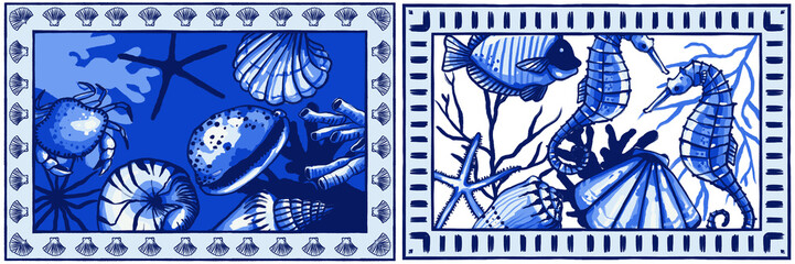 Collection of Delft Blue Tiles Showcasing Marine Life and Plants, Hand Painted with Gouache Brushes, Perfect for Coastal Decor and Art Projects