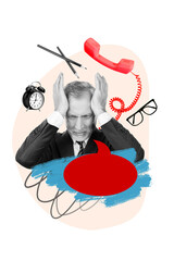 Creative magazine collage of exhausted employee man cover hands ears avid many multi task from boss...