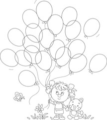Happy little girl with a funny toy cat and holiday balloons happily smiling and walking in a summer park, black and white outline vector illustration for a coloring book