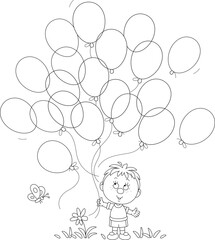 Happy little boy with holiday balloons happily smiling and walking in a summer park, black and white outline vector illustration for a coloring book