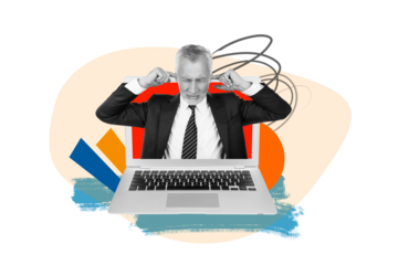 Creative image banner poster collage of old aged entrepreneur close fingers ears avoid annoying noise white work netbook