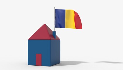 Casa 3D con bandiera al vento Romania sul tetto