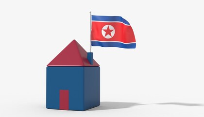 Casa 3D con bandiera al vento North Korea sul tetto