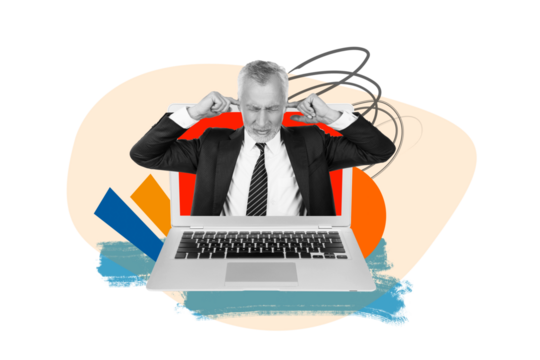 Creative image banner poster collage of old aged entrepreneur close fingers ears avoid annoying noise white work netbook
